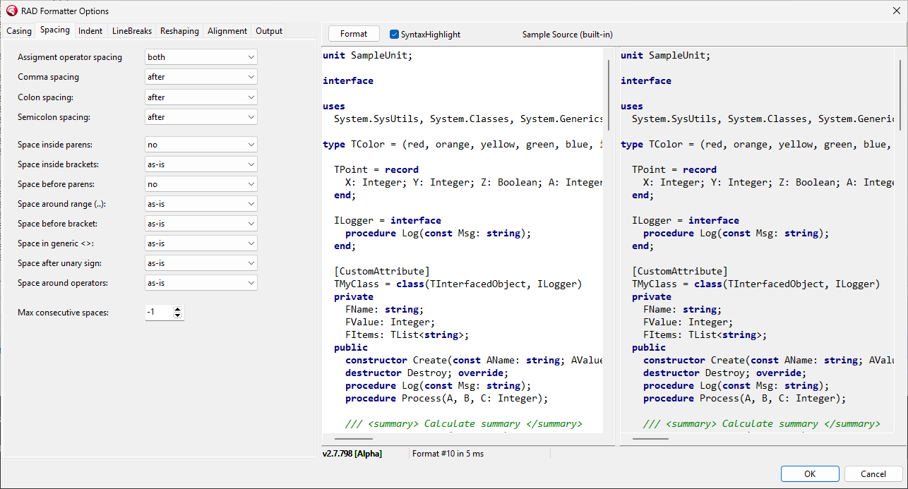 The radFormatter split-screen configuration editor showing option tabs and a live before/after source preview