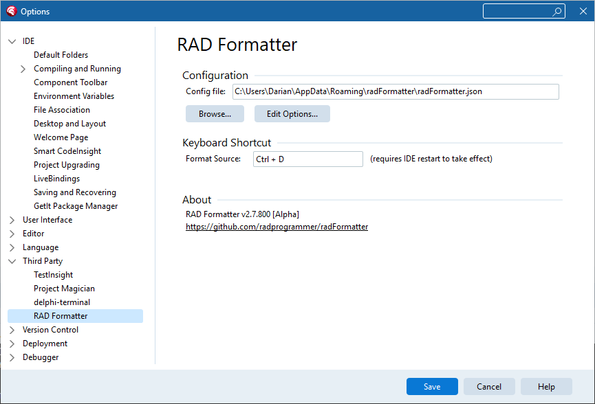 RAD Studio Options dialog showing the RAD Formatter page under Third Party: a Configuration group with the active config file path, Browse and Edit Options buttons, and a Keyboard Shortcut field set to Ctrl+D